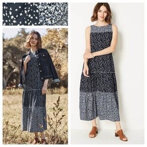J Jill Sz Large 12 14 Midi Dress Sundress Navy Blue Floral Slvlss Tiered Boho